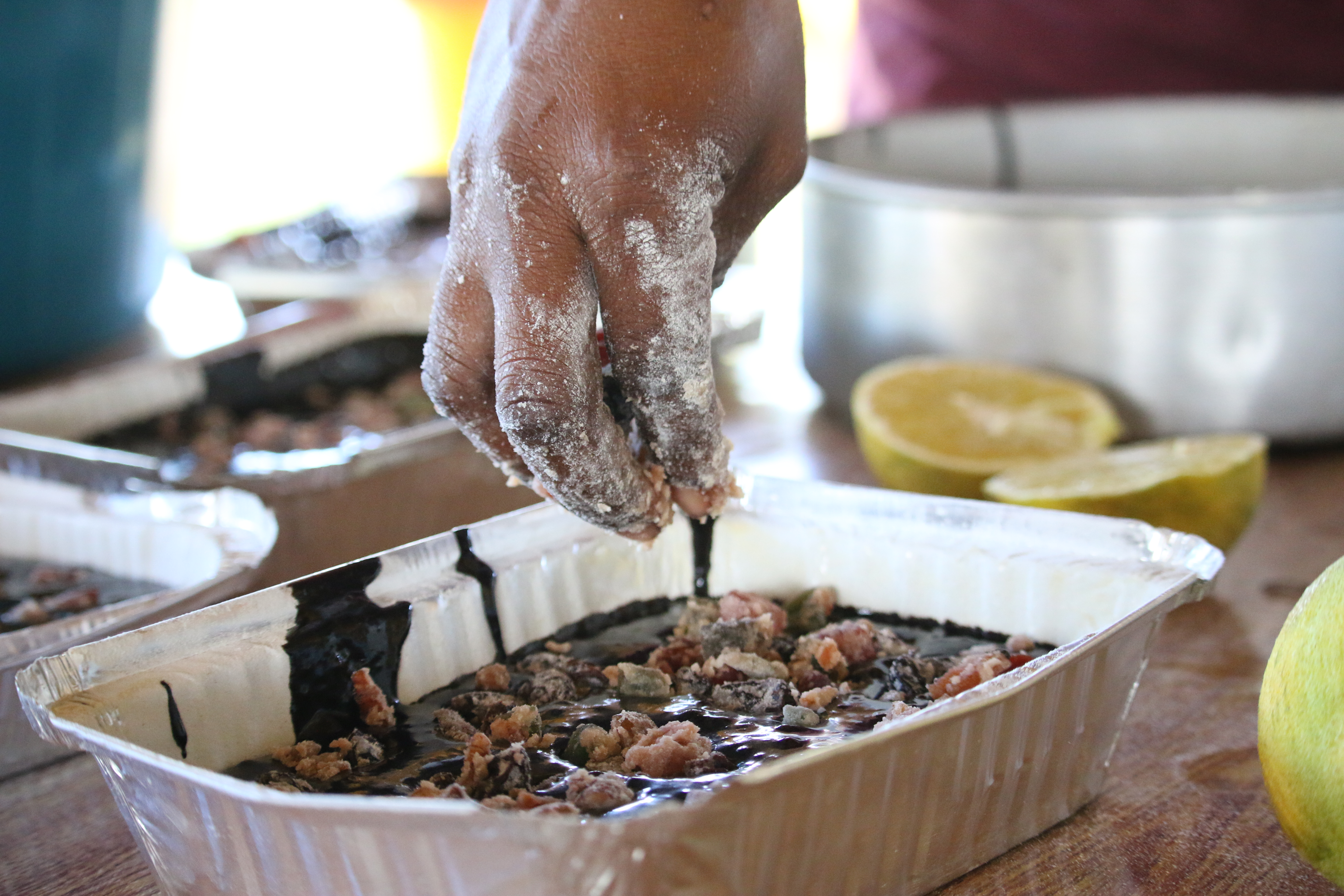 Sprinkling fruit over the batter just before placing on the oven,